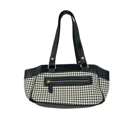 Ann Taylor LOFT Woven Polka Dot Shoulder Bag Satchel Purse Gold Accents - Picture 2 of 9